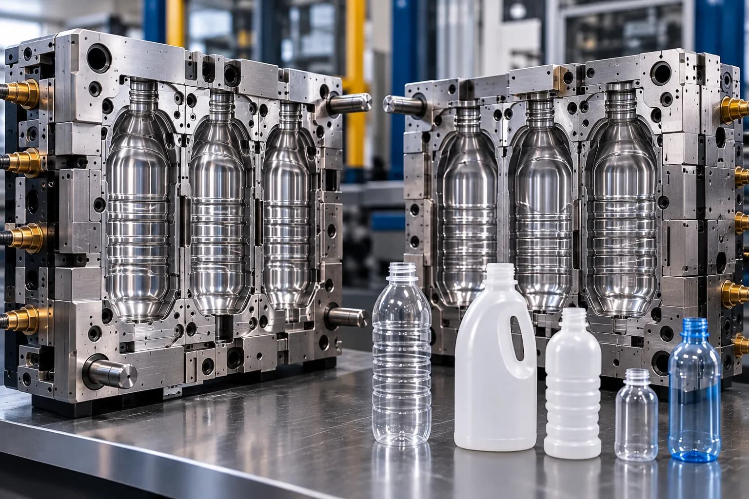 Tampas plásticas alinhadas na linha de produção de embalagens